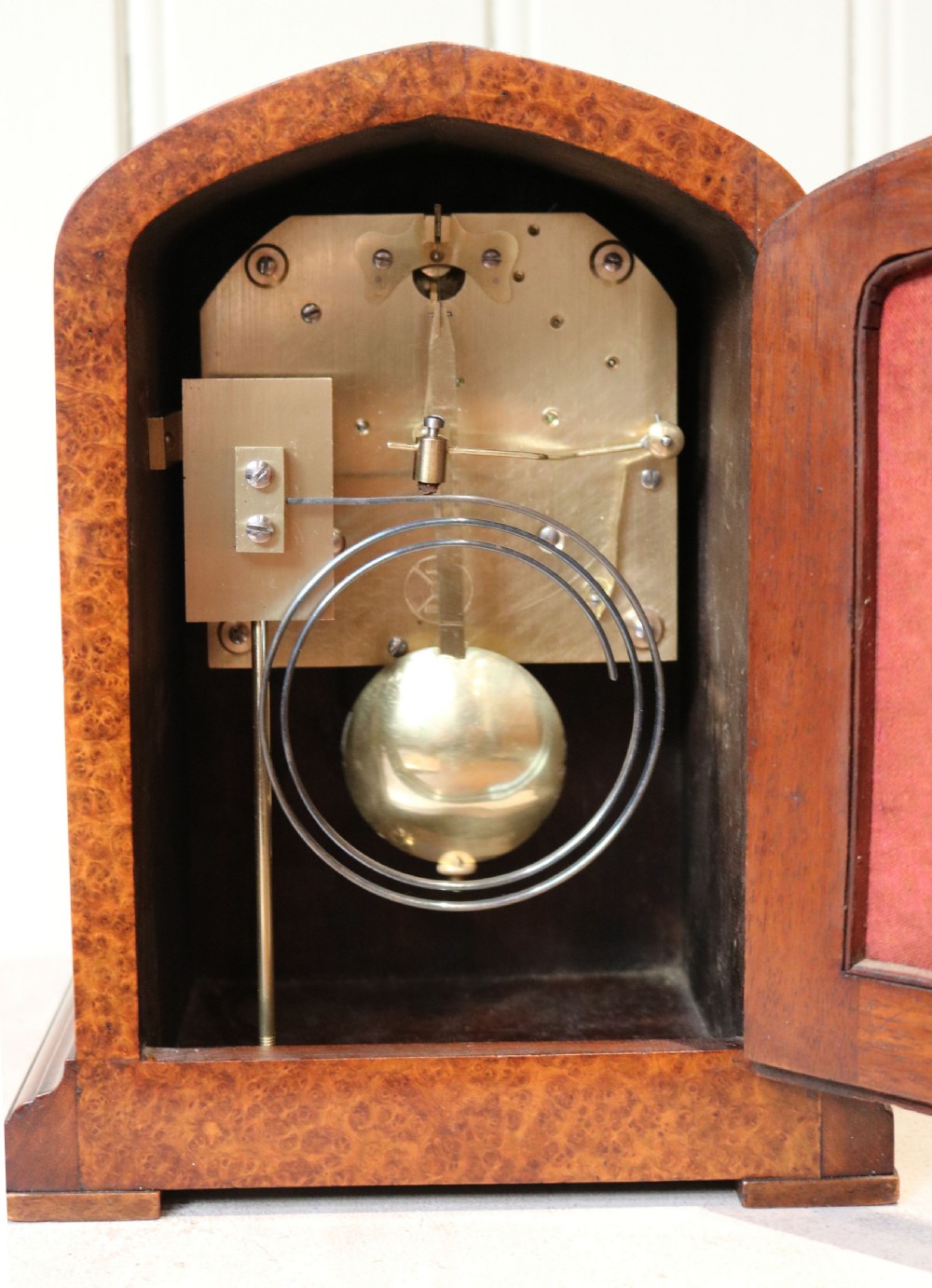 Burr Maple Striking Mantel Clock (England, c. 1915) View VIII