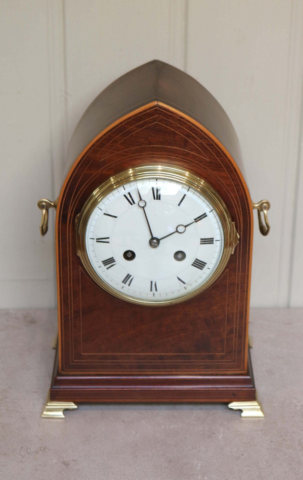Mahogany Lancet Top Striking Mantel Clock View II