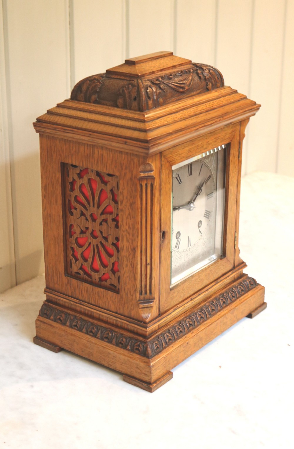 Small Edwardian Oak Bracket Clock (England and France, c. 1905) View II