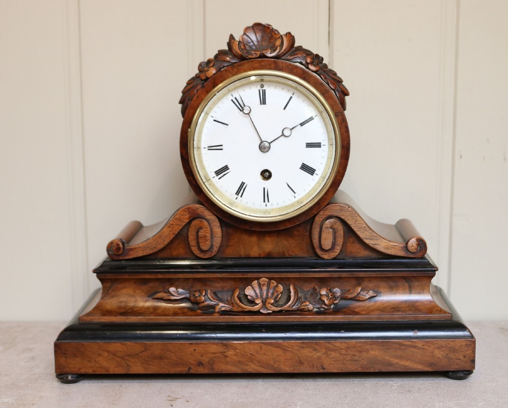 Victorian Walnut Drumhead Mantel Clock (France, c. 1860)