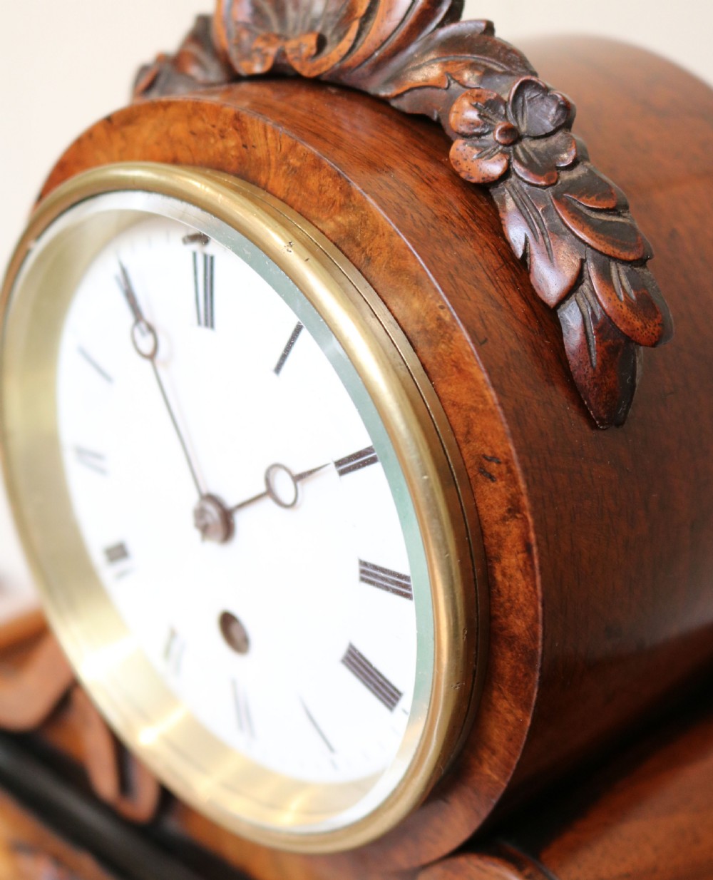 Victorian Walnut Drumhead Mantel Clock (France, c. 1860) View VI