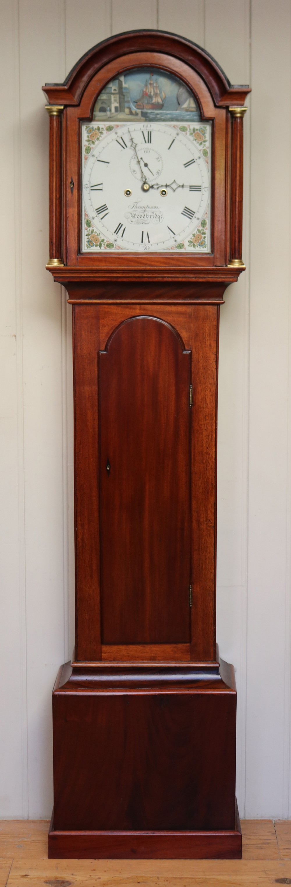 Small Mahogany Longcase Clock With Rocking Ship