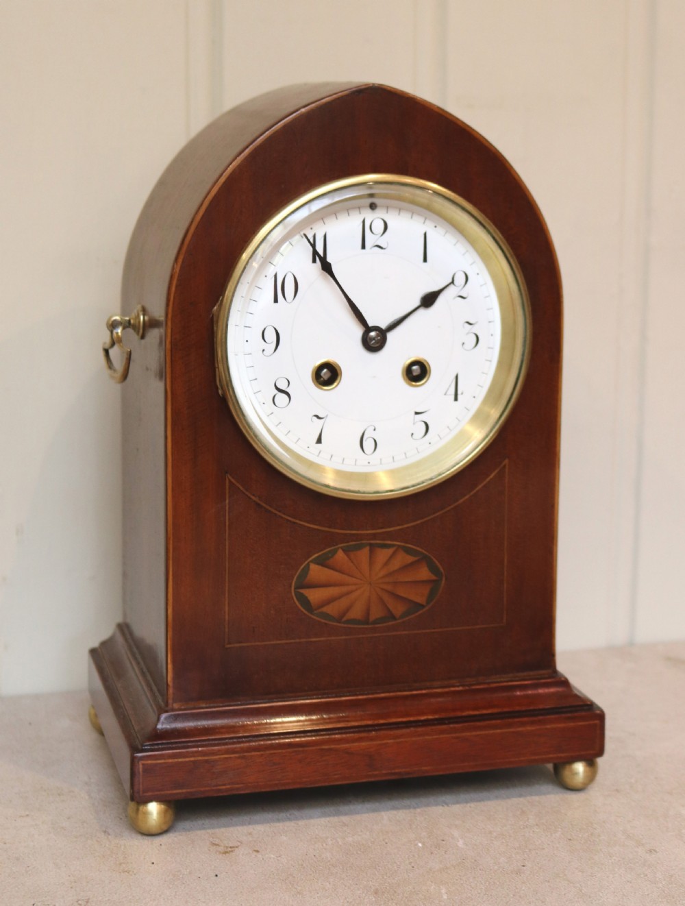 Edwardian Mahogany and Inlay Lancet Top Mantel Clock