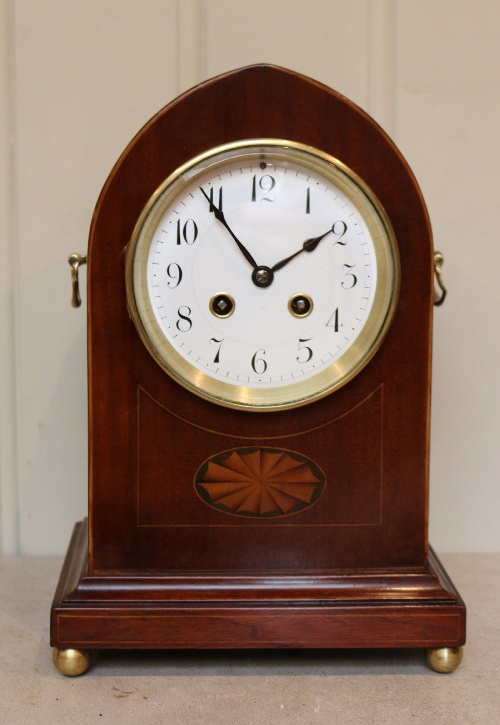 Edwardian Mahogany and Inlay Lancet Top Mantel Clock View II