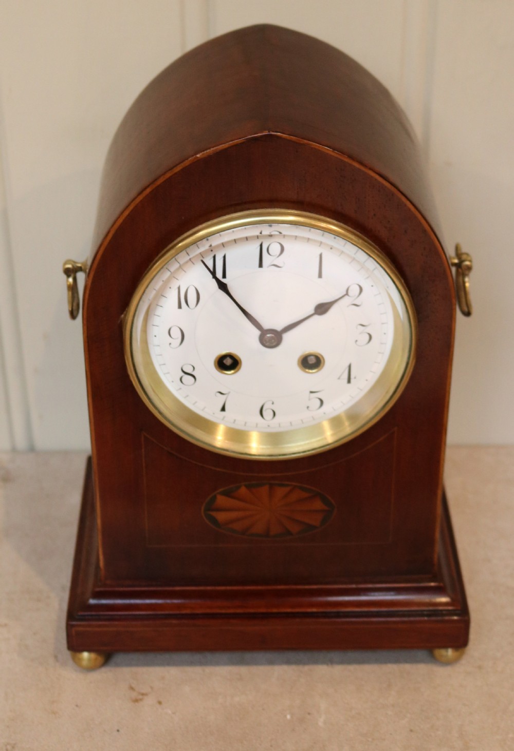 Edwardian Mahogany and Inlay Lancet Top Mantel Clock View III