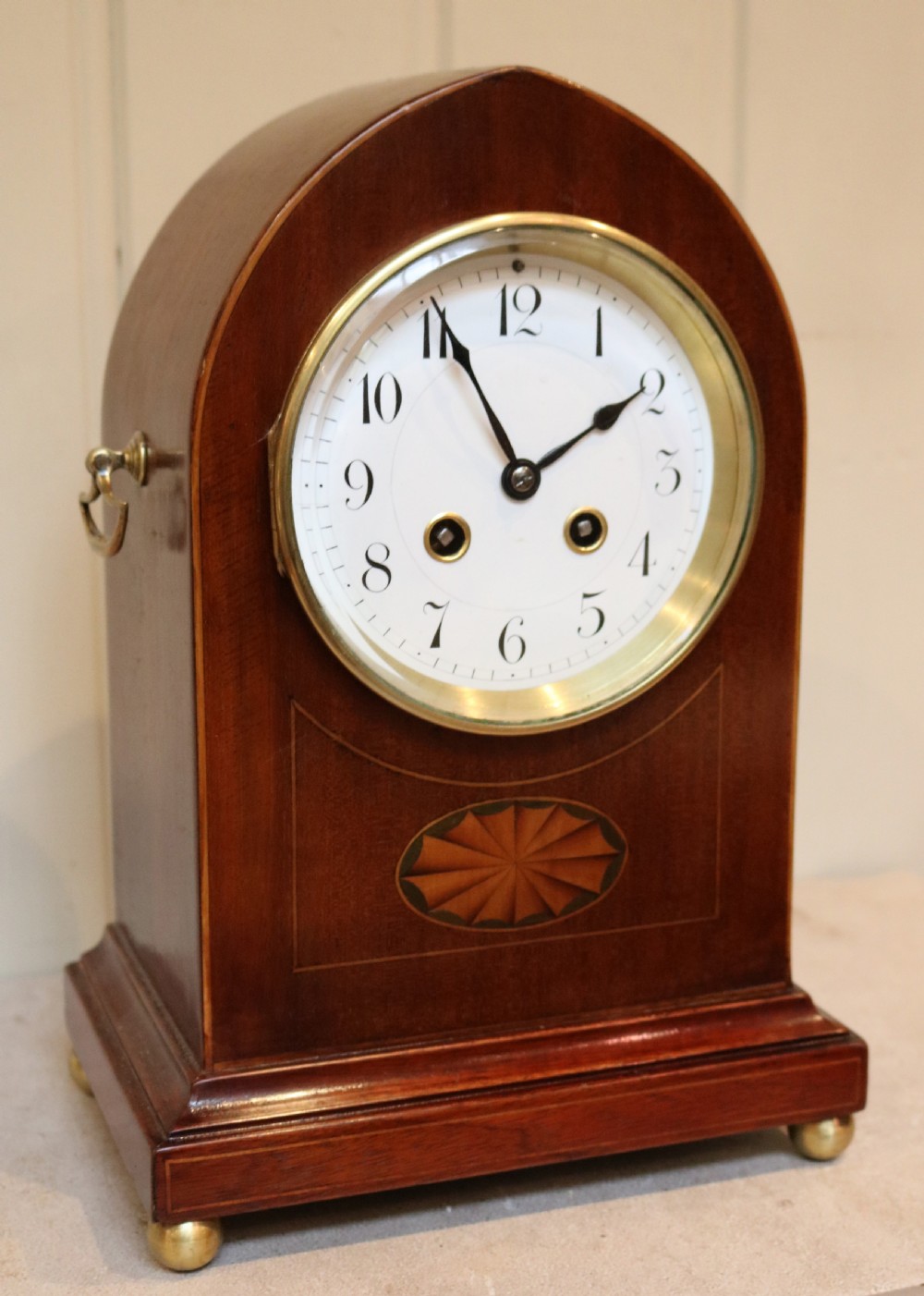 Edwardian Mahogany and Inlay Lancet Top Mantel Clock View VII