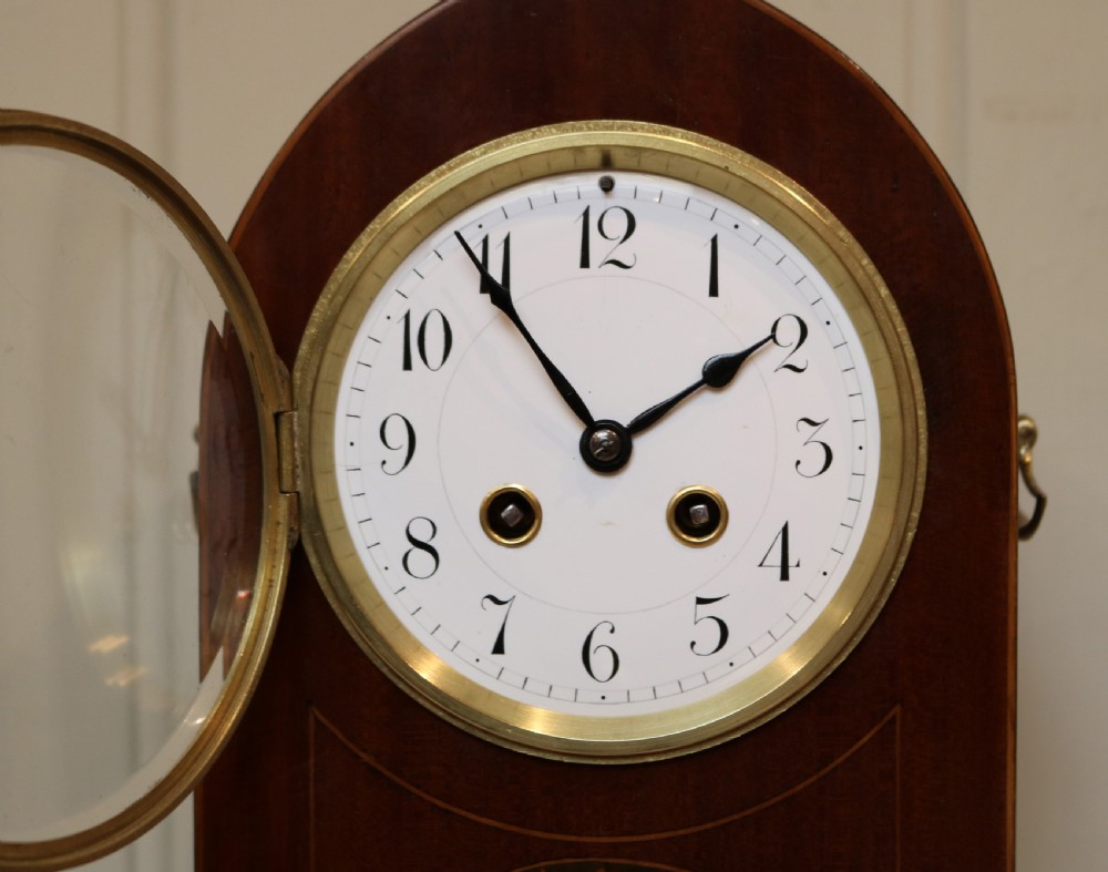Edwardian Mahogany and Inlay Lancet Top Mantel Clock View VIII