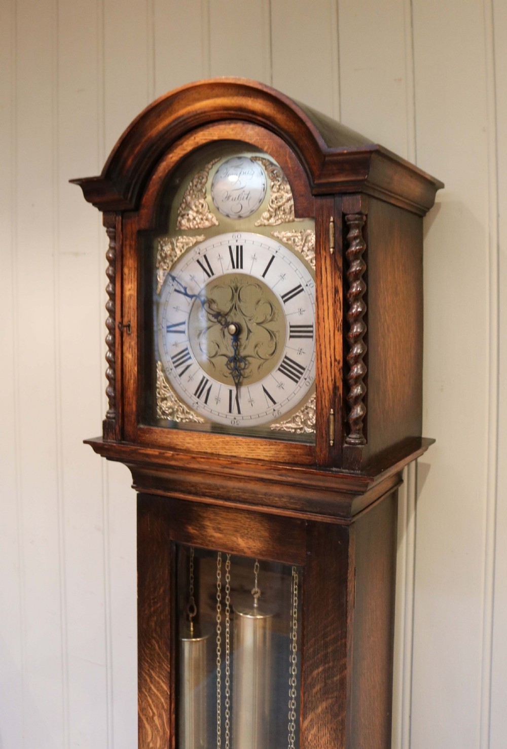 Small Golden Oak Chiming Longcase Clock View IV