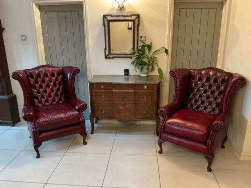 superb pair of red leather wing arm chairs - CATEGORY: ANTIQUE  - DATED 1950