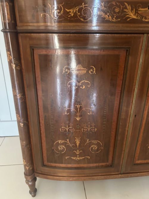 SUPERB BOW FRONTED INLAID BOOKCASE CABINET - ADDITIONAL PHOTO 13