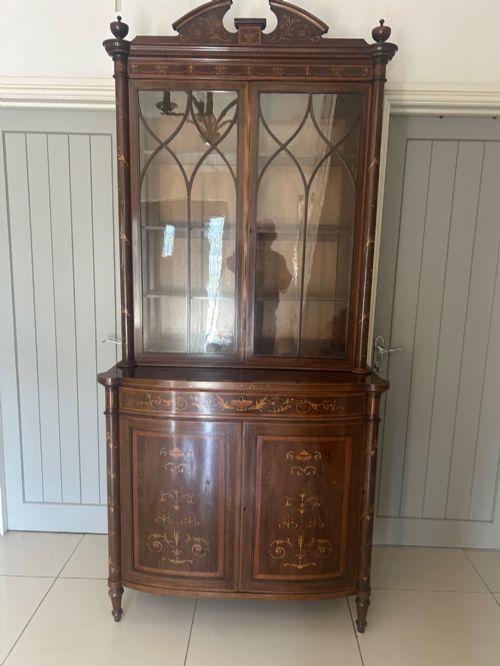 SUPERB BOW FRONTED INLAID BOOKCASE CABINET - ADDITIONAL PHOTO 14
