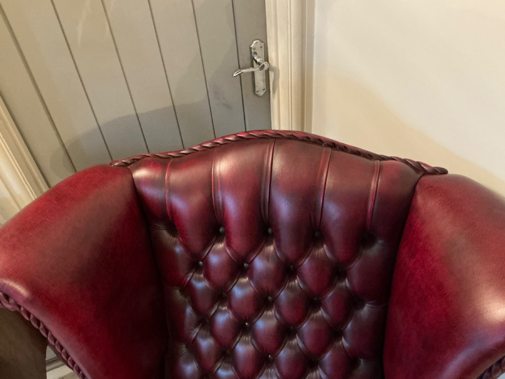 Superb pair of red leather wing arm chairs View IV