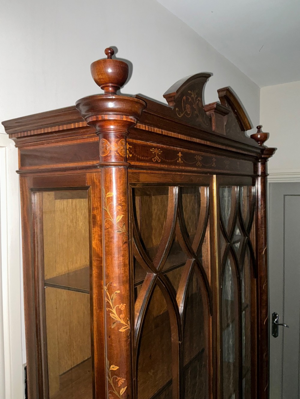 Superb bow fronted inlaid bookcase cabinet View II