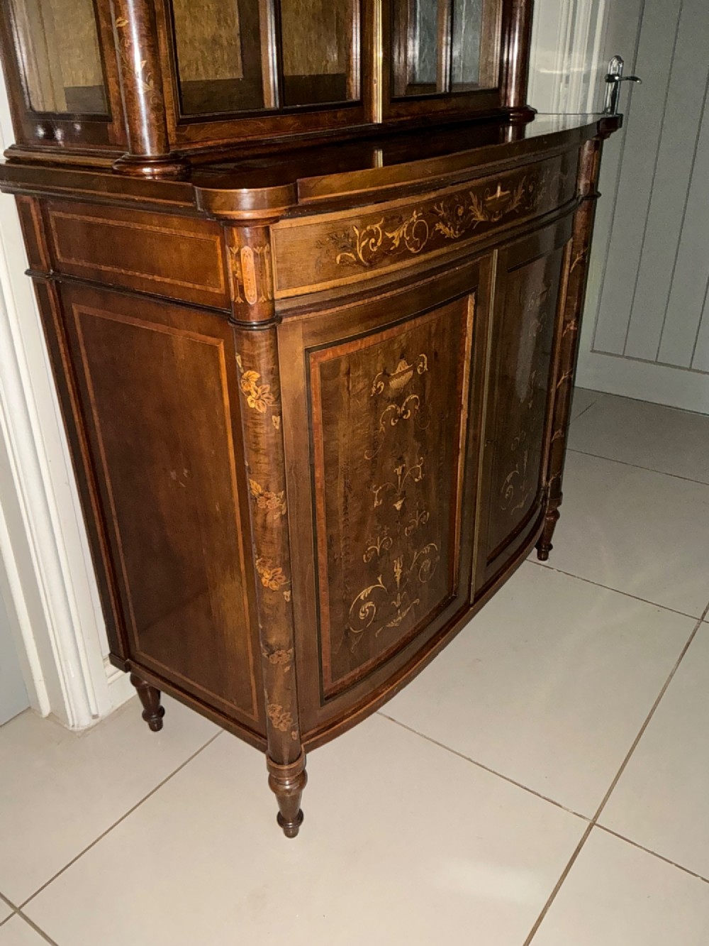 Superb bow fronted inlaid bookcase cabinet View III
