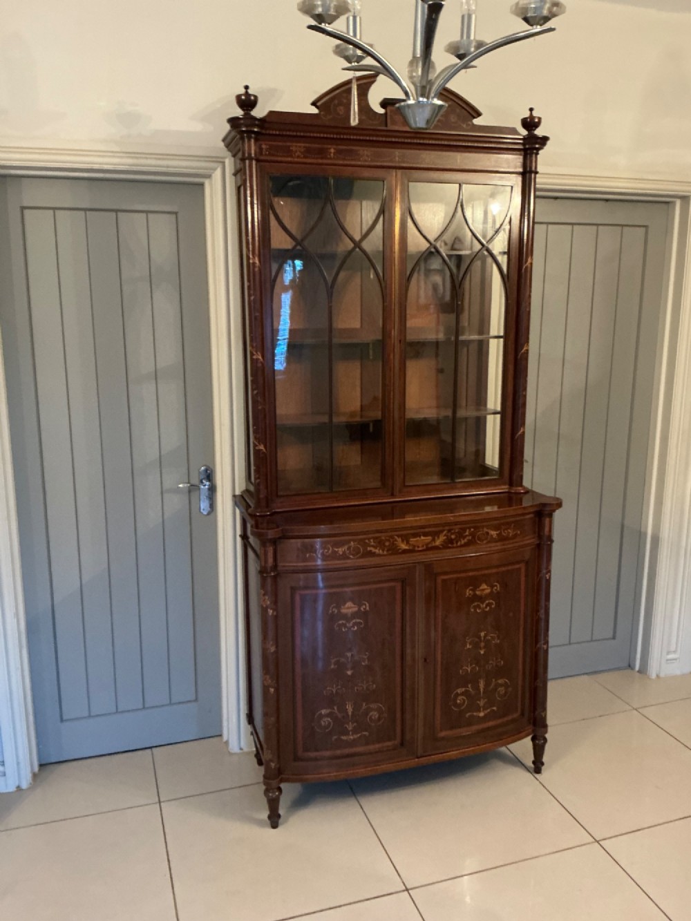 Superb bow fronted inlaid bookcase cabinet View IV