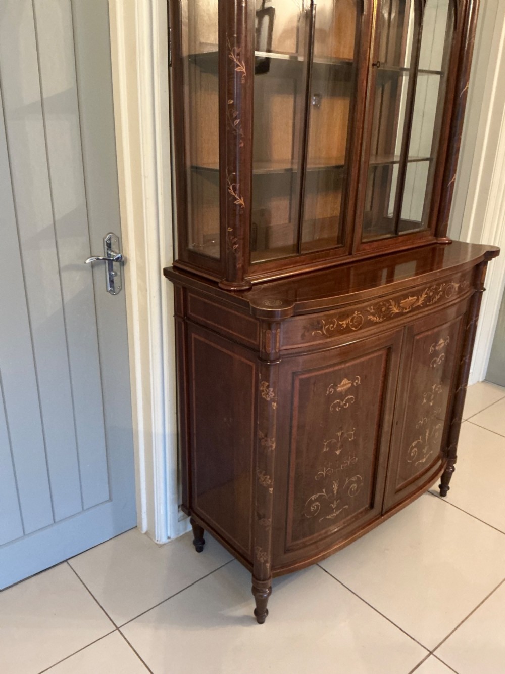 Superb bow fronted inlaid bookcase cabinet View V