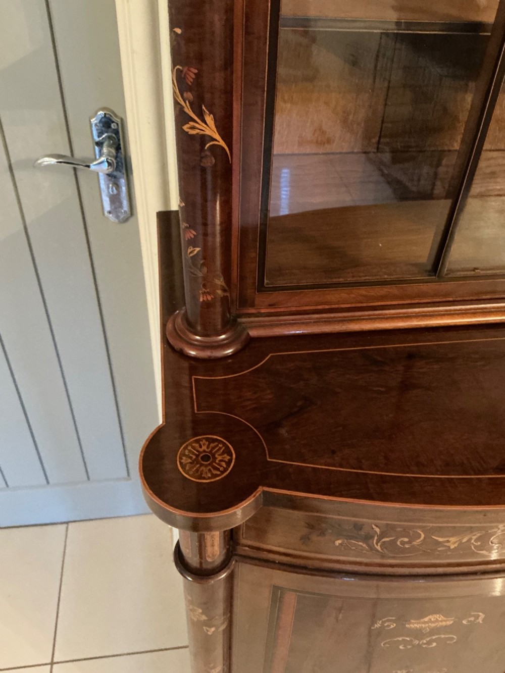 Superb bow fronted inlaid bookcase cabinet View VI