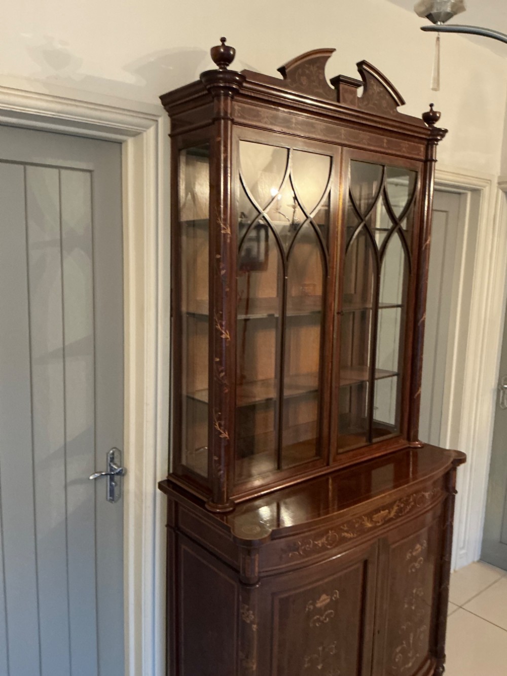 Superb bow fronted inlaid bookcase cabinet View VII