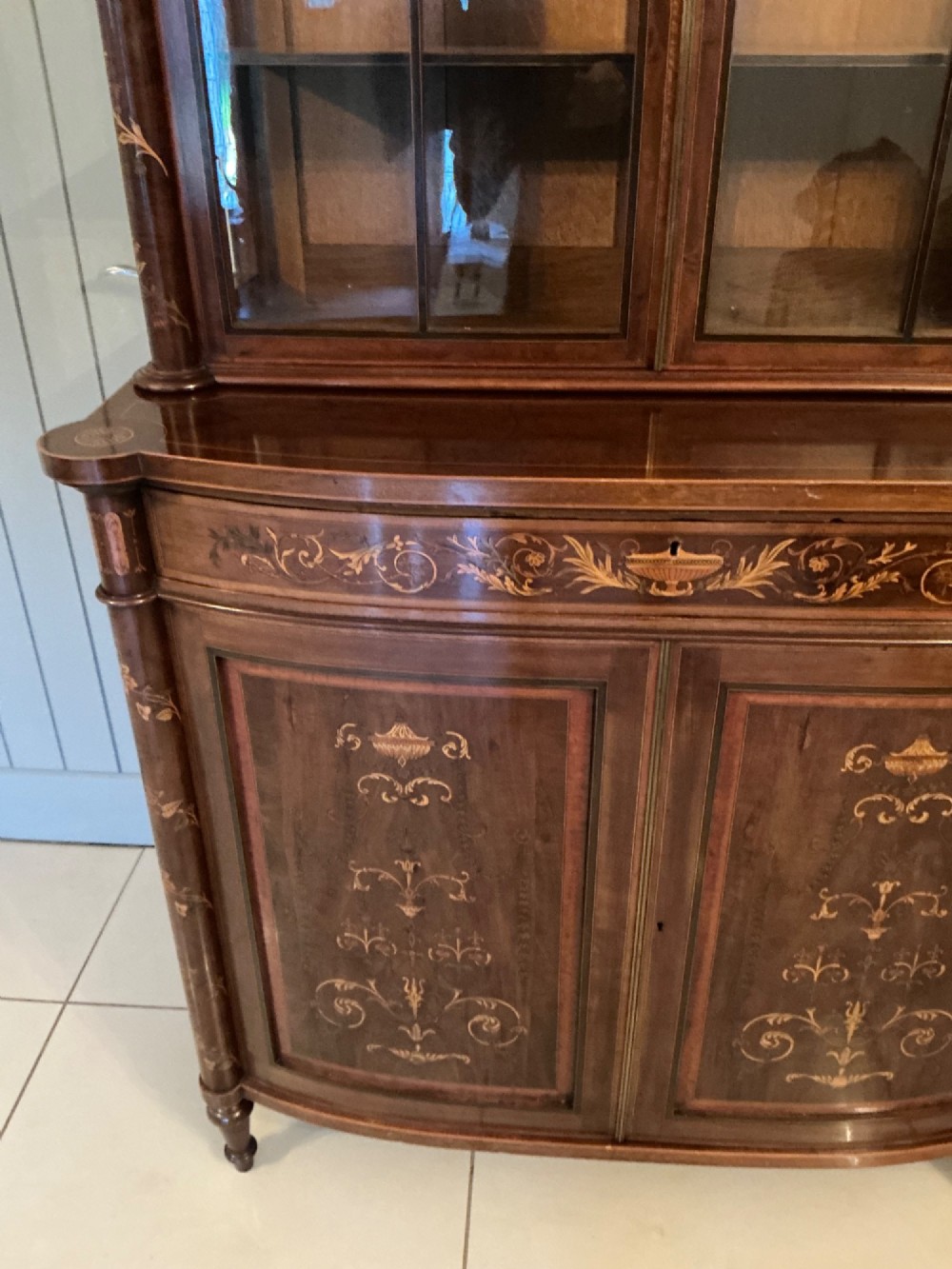 Superb bow fronted inlaid bookcase cabinet View X