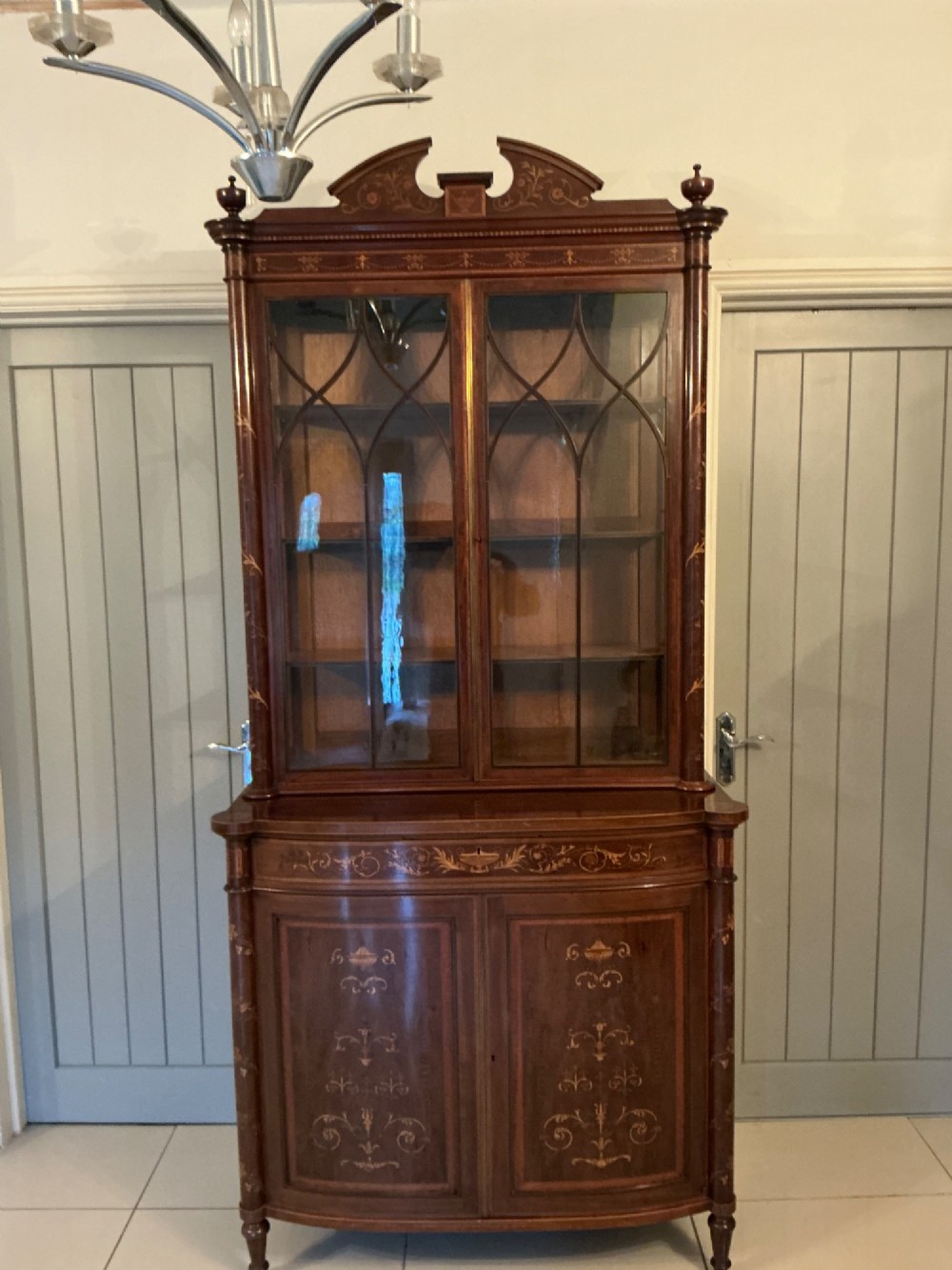 Superb bow fronted inlaid bookcase cabinet View XI