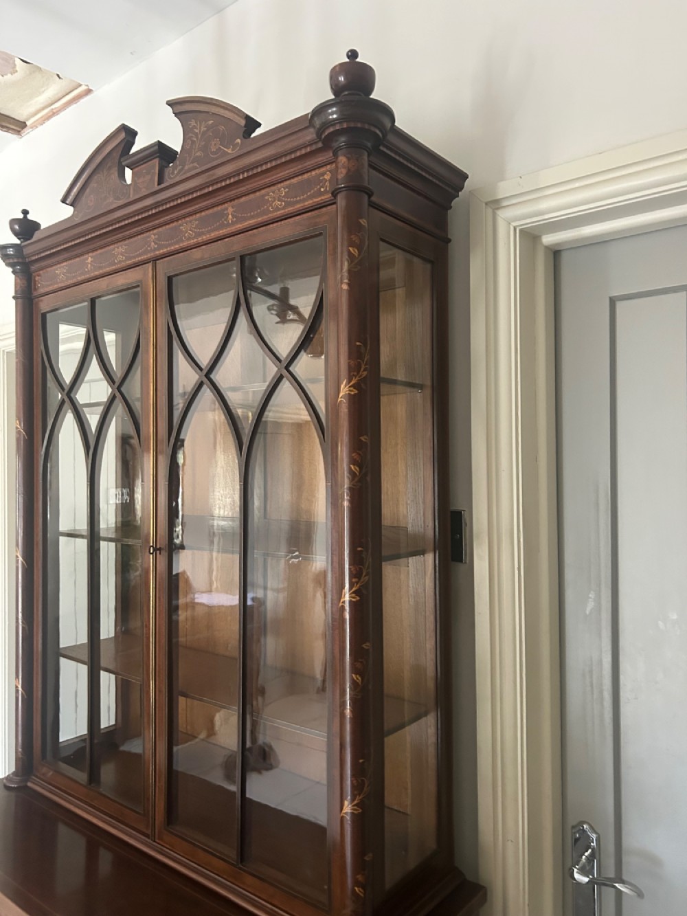 Superb bow fronted inlaid bookcase cabinet View XII
