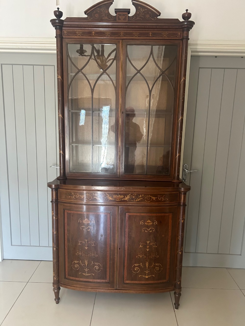 Superb bow fronted inlaid bookcase cabinet View XV