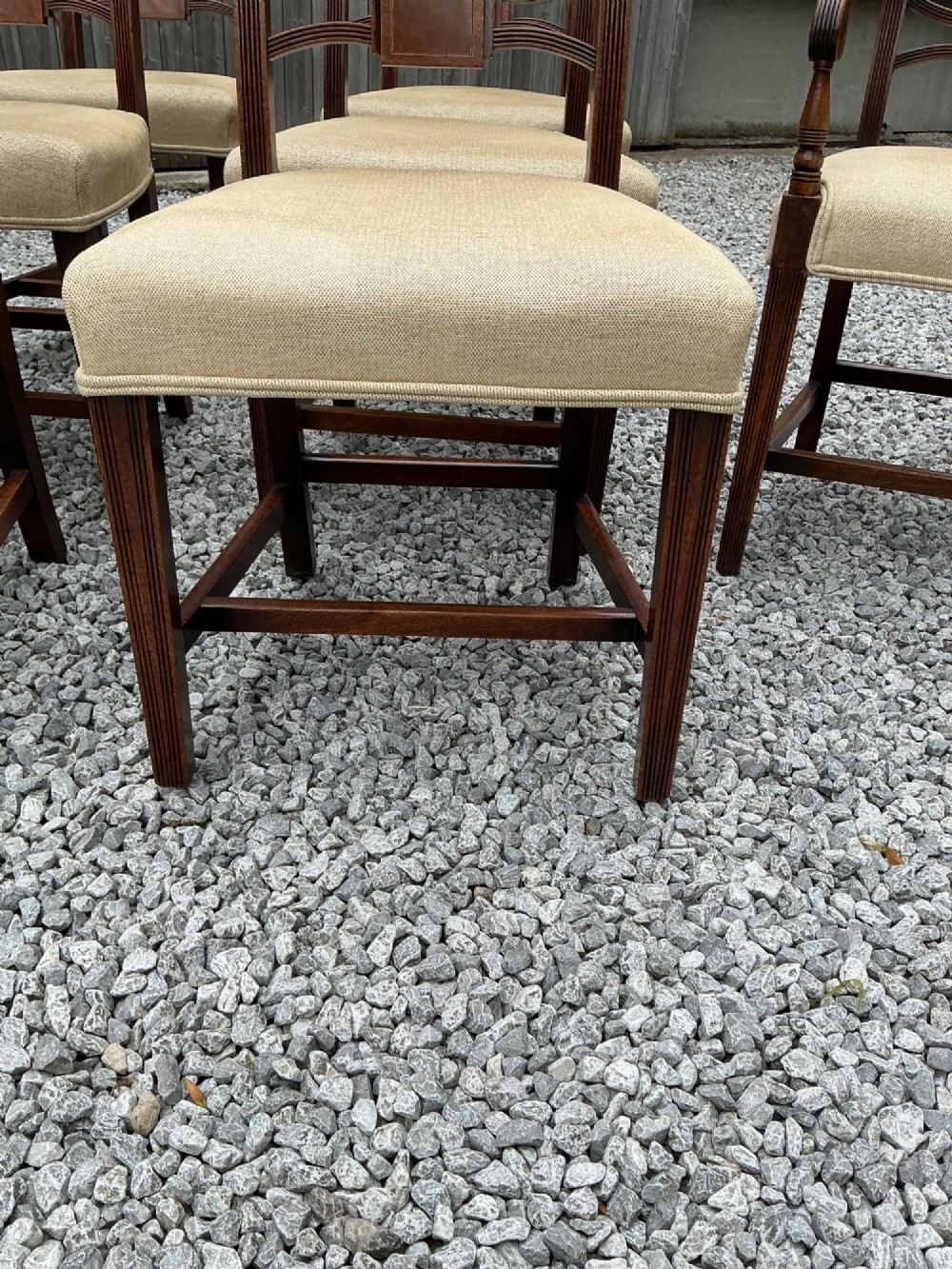A set of eight Georgian mahogany dining chairs featuring reeded legs, carved bar backs, and beige upholstered seats, comprising six side chairs and two armchairs. View V