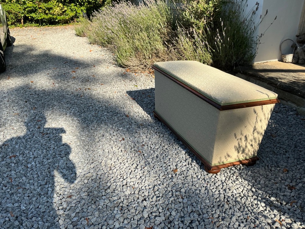 A rectangular Victorian upholstered ottoman featuring cream patterned fabric, polished mahogany rim moulding, and a low timber base. View III