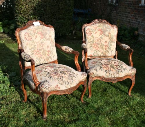 Pair of Louis Style Walnut Armchairs