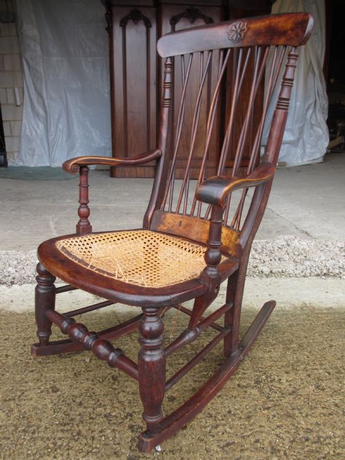 19th Century Elm and Beech Twist Stick Back Rocking Armchair