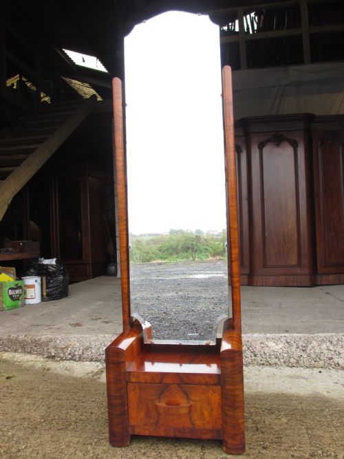 Walnut Art Deco Cheval Mirror with Drawer