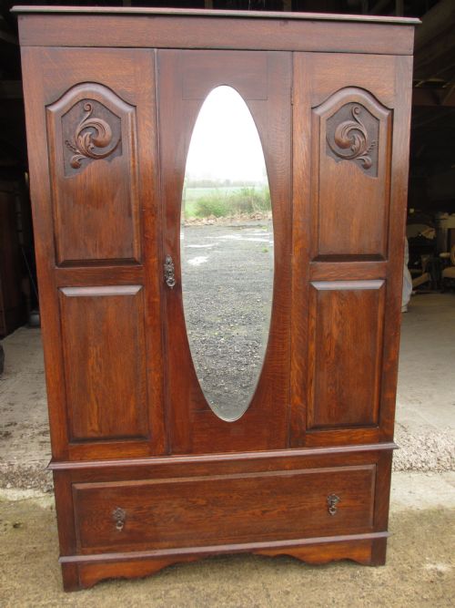 Victorian Oak Art Nouveau Oval Mirror Door Wardrobe