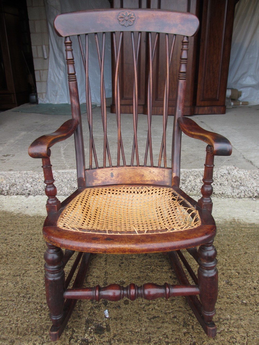 19th Century Elm and Beech Twist Stick Back Rocking Armchair  View II