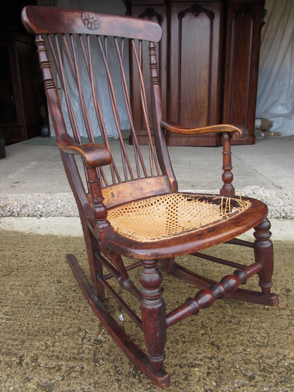19th Century Elm and Beech Twist Stick Back Rocking Armchair  View III