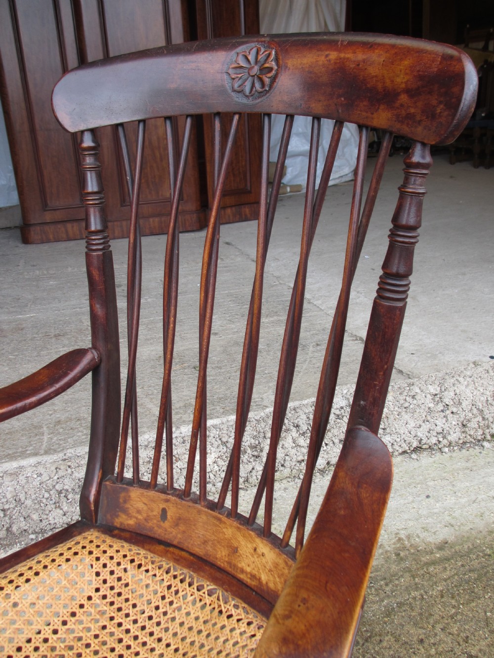 19th Century Elm and Beech Twist Stick Back Rocking Armchair  View IV
