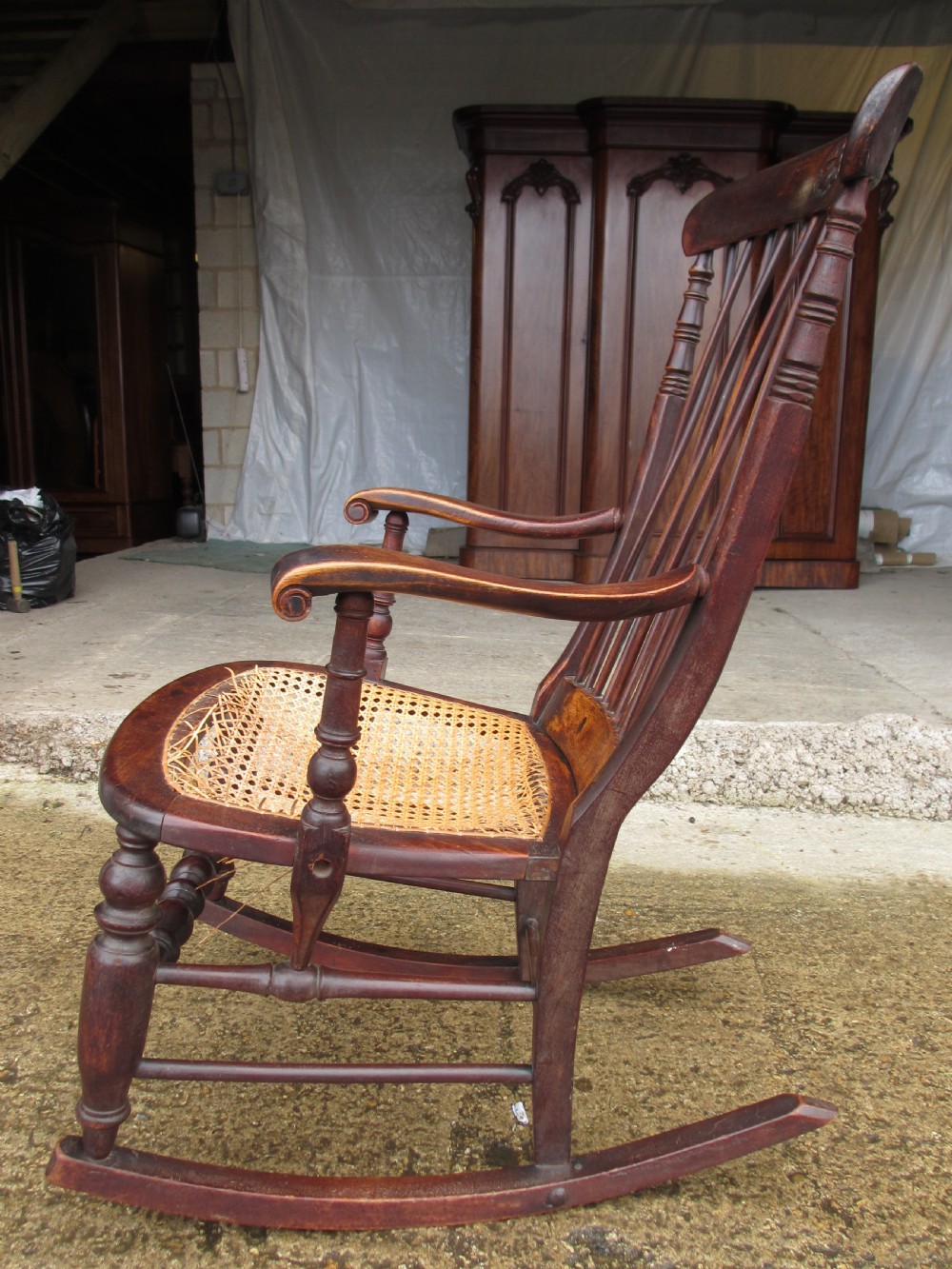 19th Century Elm and Beech Twist Stick Back Rocking Armchair  View X