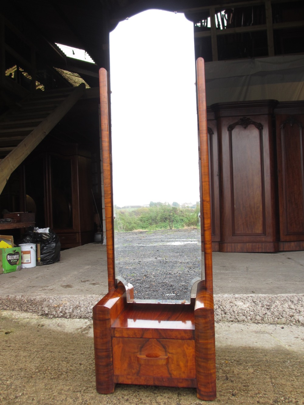 Walnut Art Deco Cheval Mirror With Drawer 