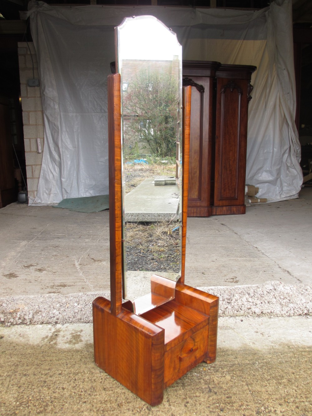 Walnut Art Deco Cheval Mirror With Drawer  View II