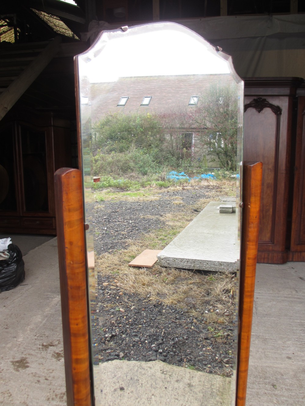 Walnut Art Deco Cheval Mirror With Drawer  View VI