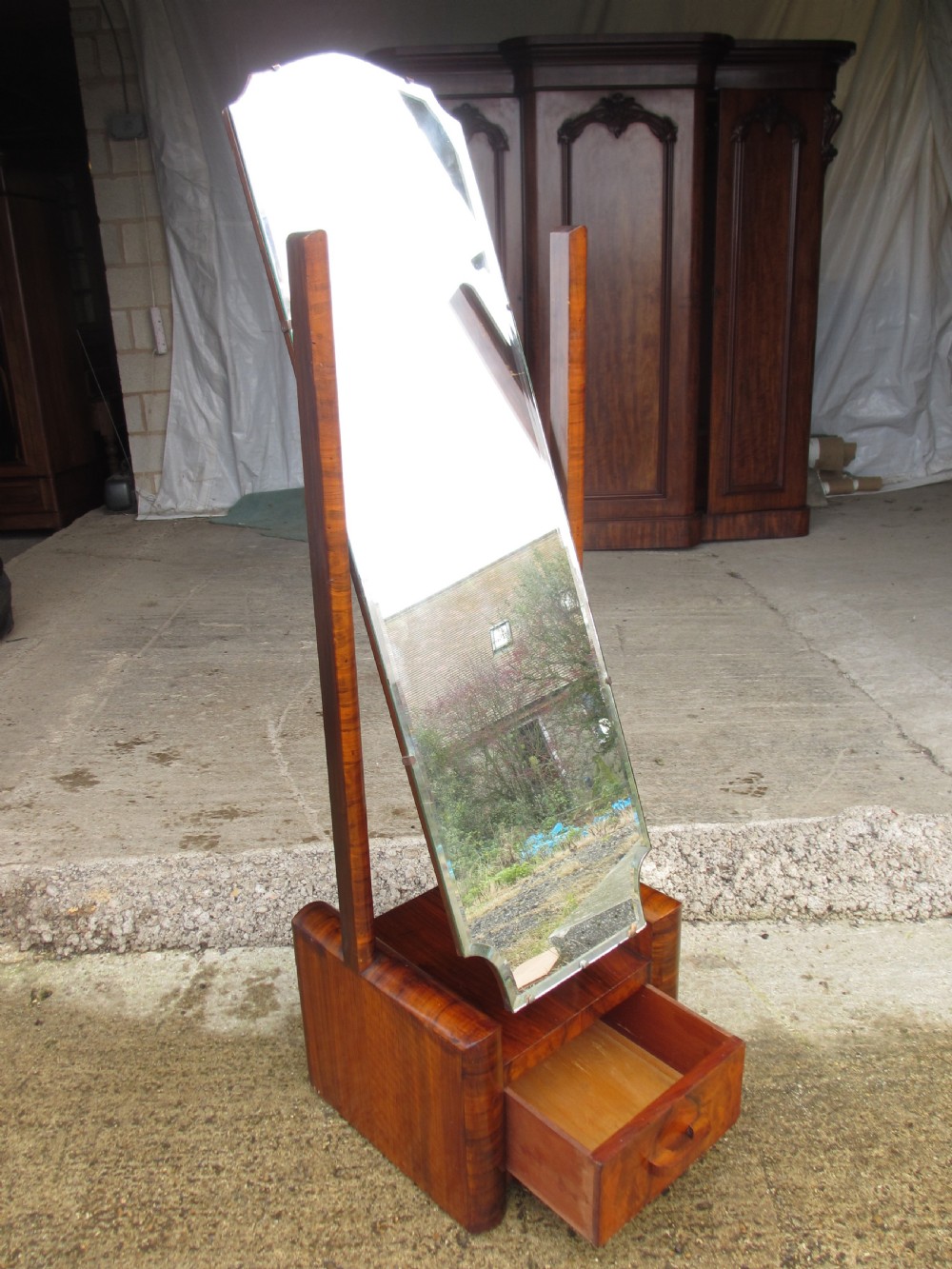 Walnut Art Deco Cheval Mirror With Drawer  View X