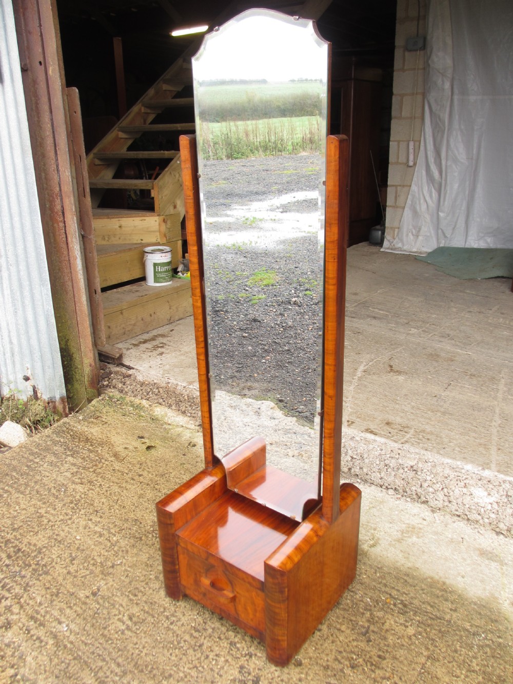 Walnut Art Deco Cheval Mirror With Drawer  View XI