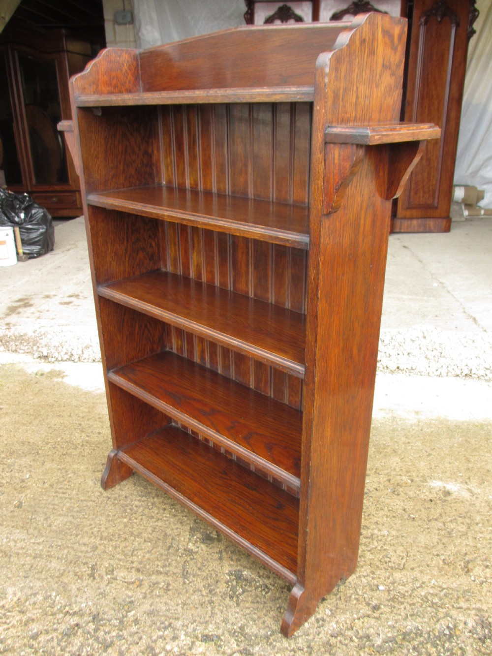  Victorian Oak open Bookcase with gallery top View II