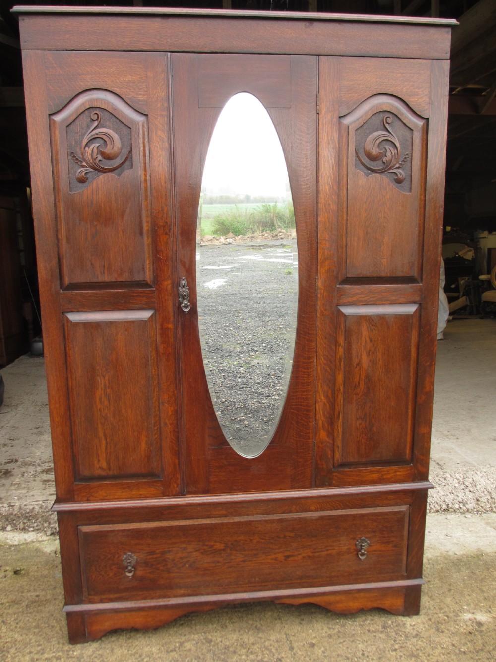 Victorian Oak Art Nouveau oval mirror door Wardrobe