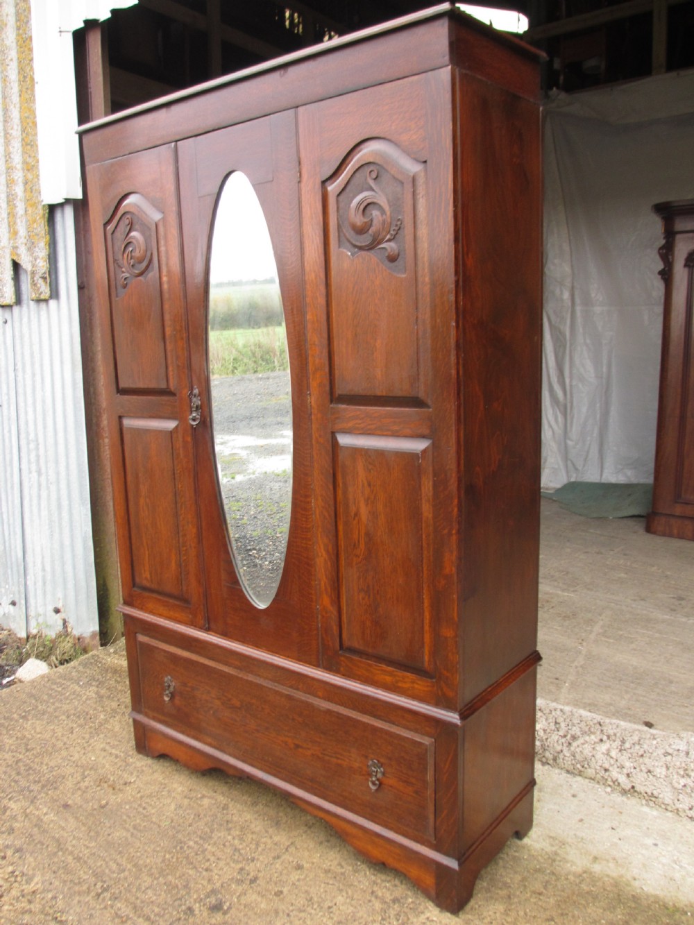 Victorian Oak Art Nouveau oval mirror door Wardrobe View II