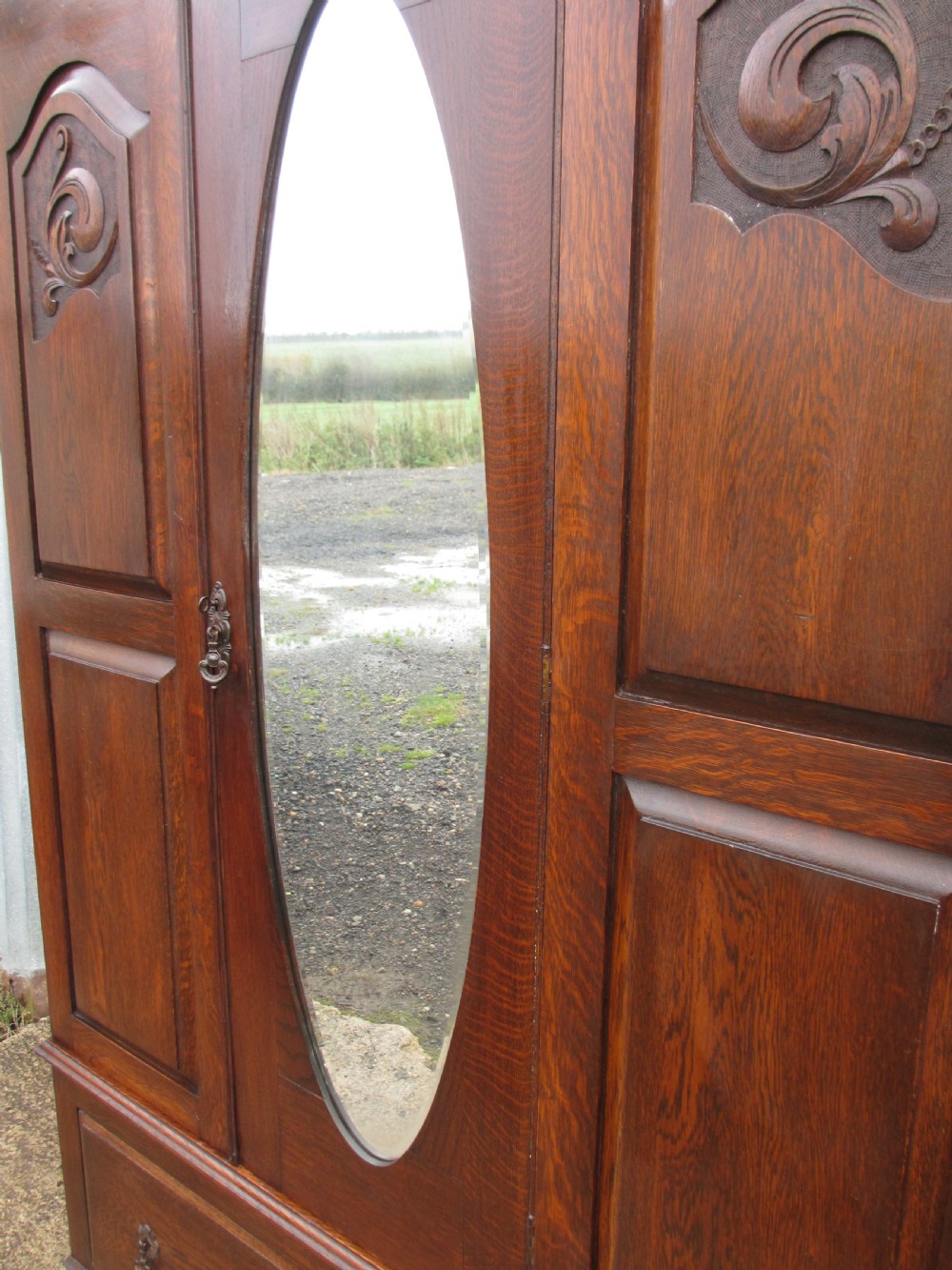 Victorian Oak Art Nouveau oval mirror door Wardrobe View V