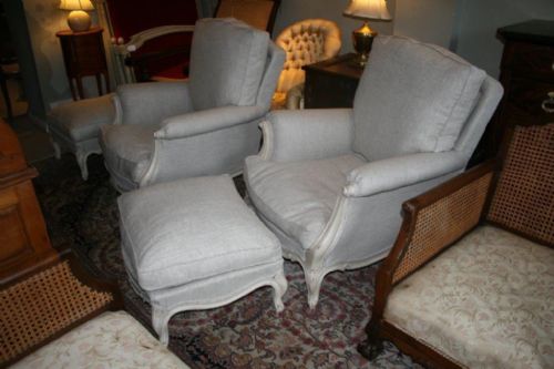 Pair Large French Armchairs with Matching Stools