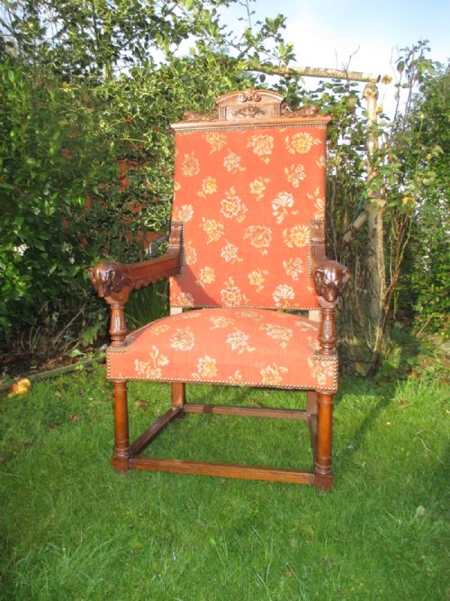 Large Carved Armchair with Carved Dogs