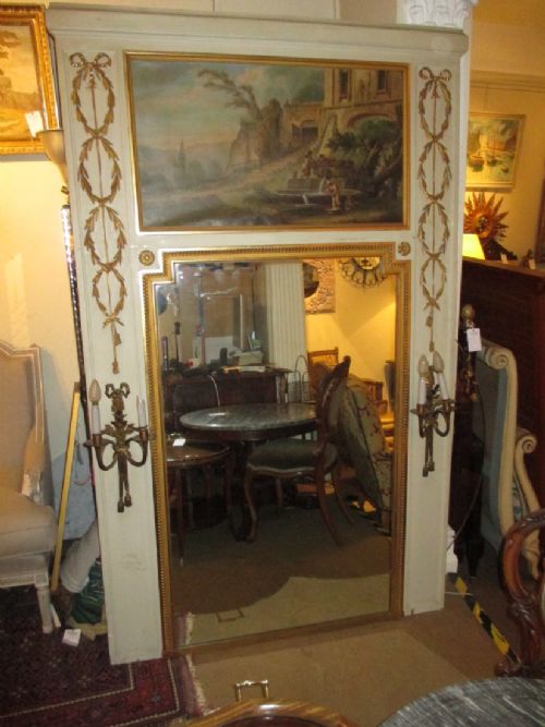 Very Large Painted and Gilt Mirror with Pastoral Oil Painting