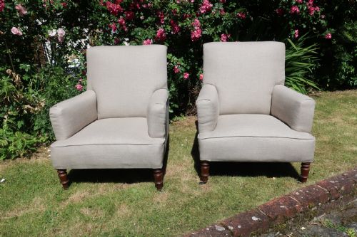 Pair of Antique Armchairs in Grey Linen