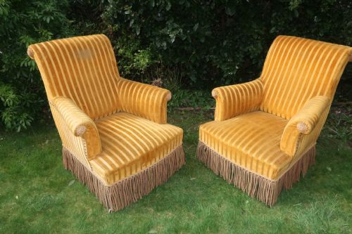 Large Pair of French Scroll Back Armchairs